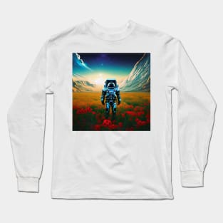 Astronaut Standing in Flower Field with Sun Rising Long Sleeve T-Shirt